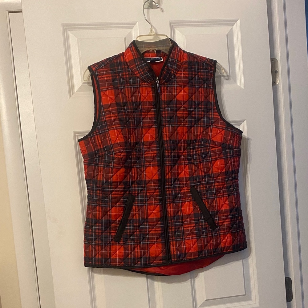 Karen Scott Red and Black Quilted Plaid Vest medium